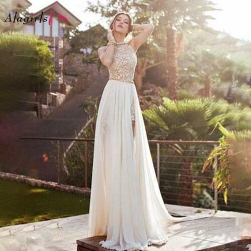 Appliques Wedding Dress Boho Sexy Backless Wedding Gowns For Bride Halter Wedding Dress Beach Summer Two Piece 2020