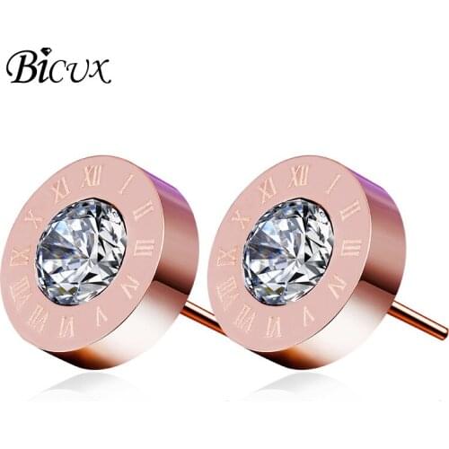 BICUX Fashion Trendy Round Shiny Crystal Stud Earrings for Women Party Creative Exquisite Roman Numeral Zircon Earring Jewelry