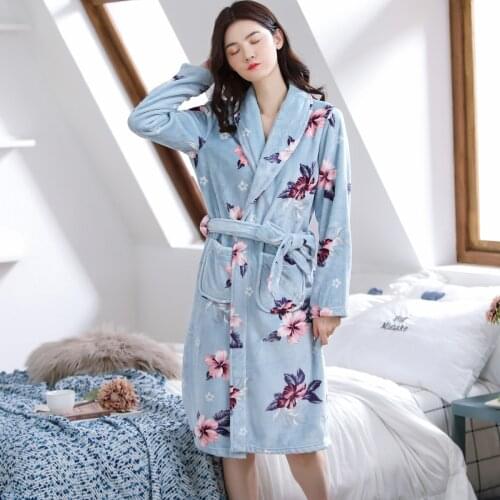 Girls Thicken Warm Flannel Night Robe Winter Long Bathrobe Sexy V-Neck Women Nightgown Lounge Sleepwear Coral Velvet Bath Robe