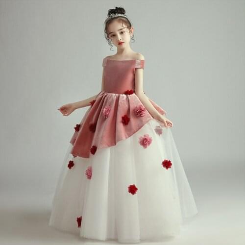 Flower Girl Dresses Illusion Appliques Boat-Neck Short Princess Floor-Length Tulle Luxury Off The Shoulder Kids Party Gown H359