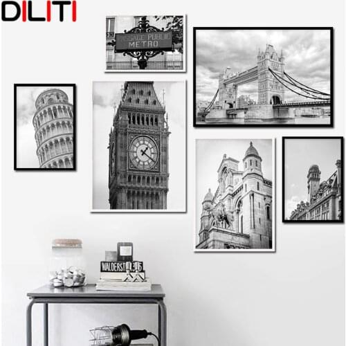 London City Canvas Prints London Bridge Posters and Prints Black and White Leaning Tower of Pisa Wall Art Pictures Decoration