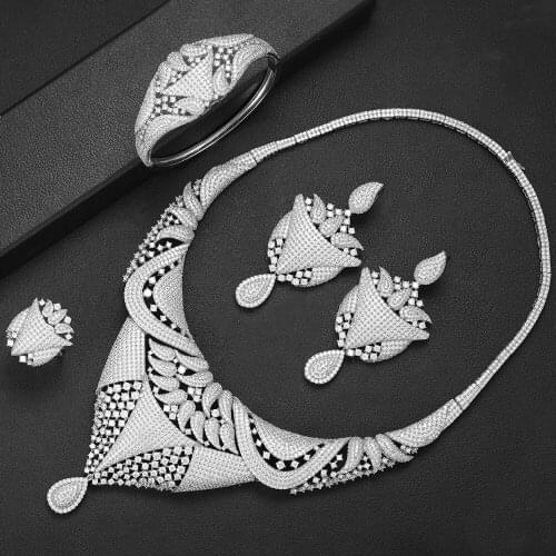 LARRAURI 2020 Luxury Cubic Zirconia Big Statement Flower Necklace/Earrings/Ring/Bracelet For Women Bridal Wedding Jewelry Sets