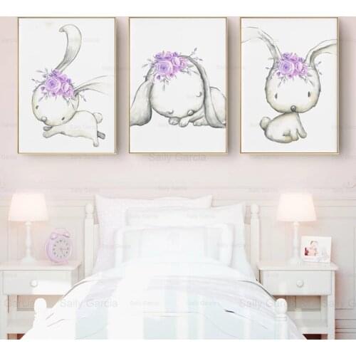 Cute Rabbit Wallpaper Poster Purple Floral Canvas Painting Sketch Art Craft Nordic Print Pictures Kids Room Decoration