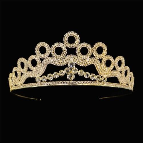 Trendy Gold Color Rhinestone Crystal Big Round Crown Bridal Wedding Tiara Women Beauty Pageant Bridal Hair Accessories Jewelry