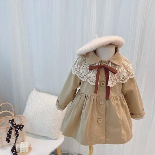 Fashion 2021 Autumn Spring Girls Kids Princess Trench Coat Children Outwear Lace Collar Coats Casacos S12299