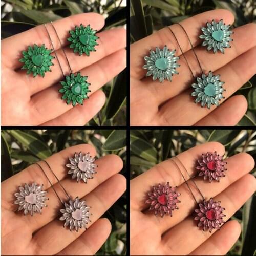 Wholesale 2021 Fashion jewelry Flower Jewelry Sets for Women Stud Earring Pendant Necklace cubic zirconia Boho Wedding jewelry