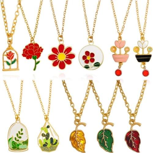Fashion Plant flowers Pendant Necklace Rose Safflower Cactus Maple leaves Necklace Chain Collar For Women Friends Jewelry Gift