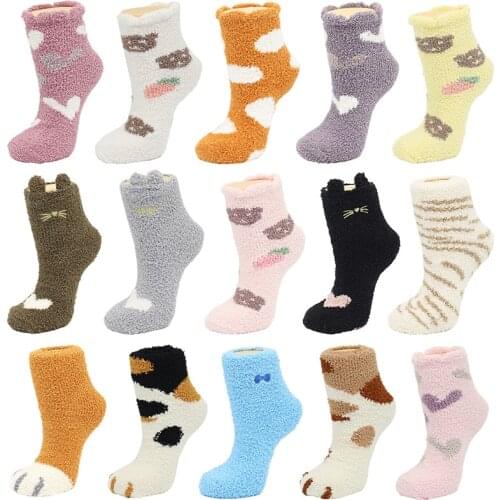 PEONFLY Cute Socks Women Plush Cartoon Cat Claw Thickening Cute Heart Plush Warm Sleep Calcetines Soft Christmas Socks Kawaii