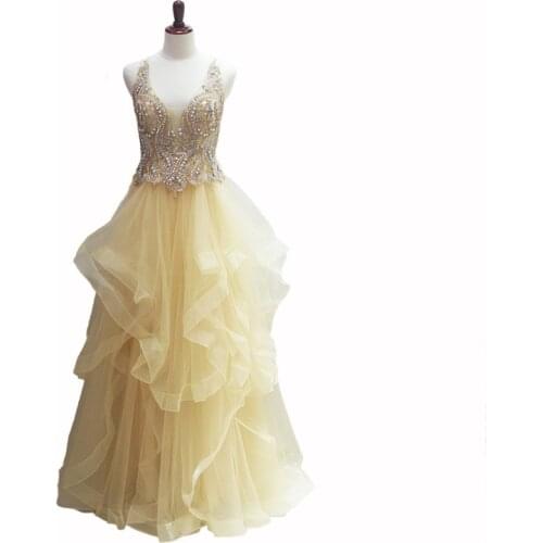 Sexy Champagne Evening Dress 2021 A-line Beading Backless Ruffles Evening Gown LE40784 Party Wear Dresses For Women