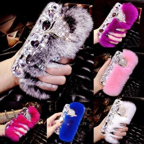 Bling Diamond Fluffy Fur Plush With Fox Head Phone Case For iPhone 6 7 8plus x XR XS Max 11 12