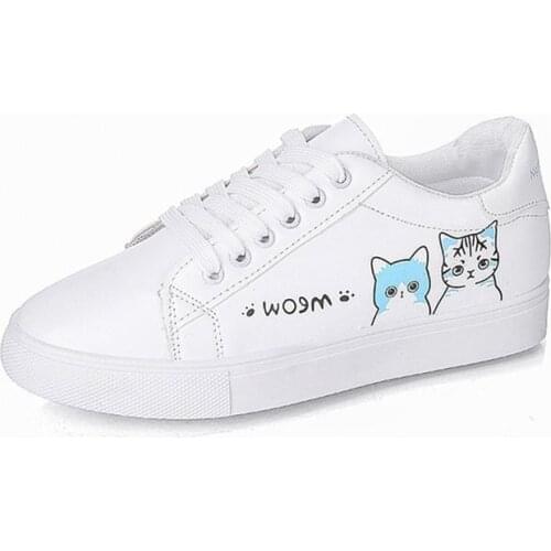Cartoon Cute Cat Flat Shoes 40 Autumn Lace-up White Womens Shoes Zapatos De Mujer Non-Slip Sneakers Printed Ladies Canvas Shoes