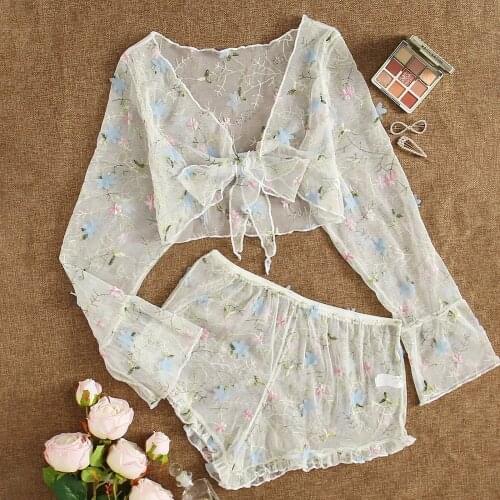 Sexy Embroidery Lingerie Women Transparent Sleepwear Pajamas sets Tops Shorts Suit Long sleeve Bowknot pijama