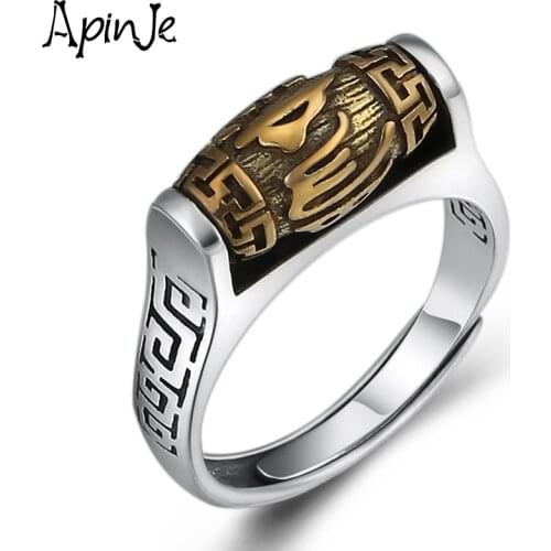Apinje 925 Sterling Silver Ring for Men Rotatable Six Words Mantra Open Ring Men And Women Jewelry Adjustable