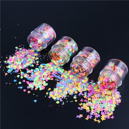 Hexagon Butterfly Nail Art Glitter Sequins Luminous Glow In The Dark Fluorescent Love Heart Shape Flake Manicure Tips 10ml/Jar