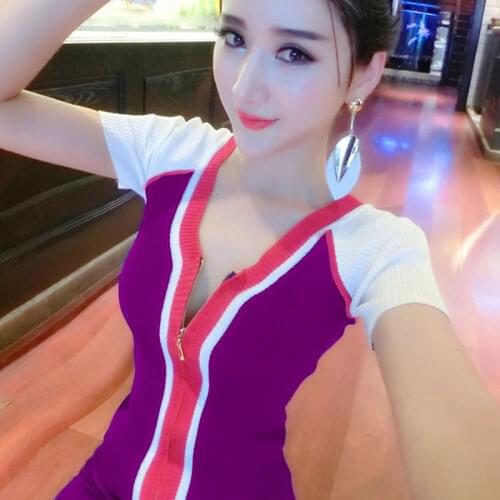 Knit Sweater Color Matching Zipper Short-sleeved Sweater Slim Sexy V-neck Top Summer New Style Korean Ice Silk