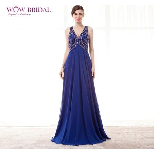 Wowbrial Elegant Long Blue Evening Dress 2021 Sexy V-Neck Sequins Beaded Open Back Chiffon Draped A-Line Women Formal Dress