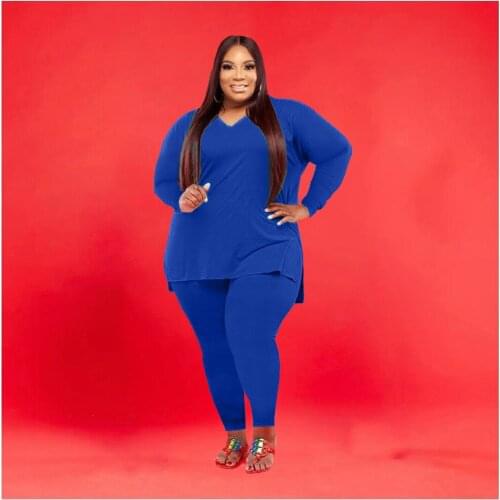 ZJFZML ZZ Women Clothing 2 Piece Tracksuit Plus Size Solid V-neck Long Sleeve Top+pencil Legging Outfit Dropshipping Wholesale