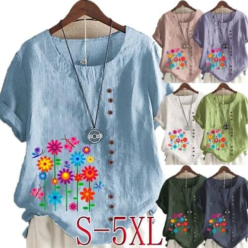 Womens Summer New Fashion Casual Linen Shirt Round Neck Floral Printed T-shirt Short Sleeve Tops Loose Blouse S-5XL