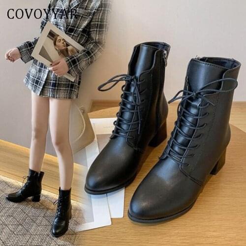 COVOYYAR 2019 Autumn Black Winter Women Boots Lace Up Pointed Toe Platform Thick Heels Women Shoes Punk British Booties WBS4013