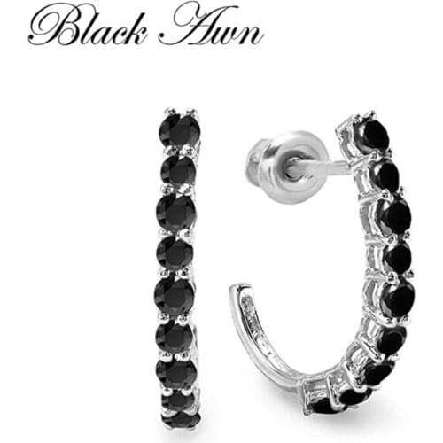 New Simple 100% Genuine 925 Sterling Silver Jewelry Black Spinel Stone Cute Party Stud Earrings for Women Bijoux Femme I180