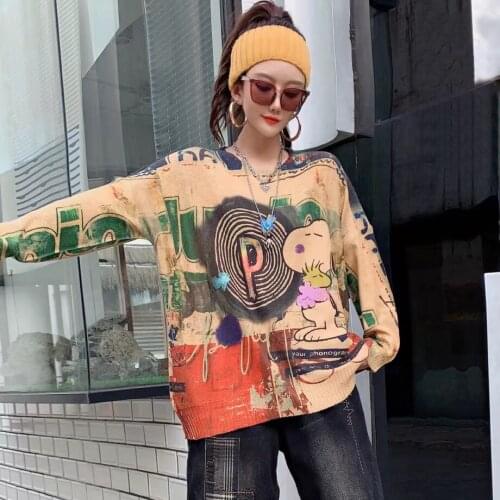 21842 Vintage Street Style Autumn Cartoon Print Bronzing Full Sleeve Knitted Pullover Korea Fashion Casual Loose Thin Sweater
