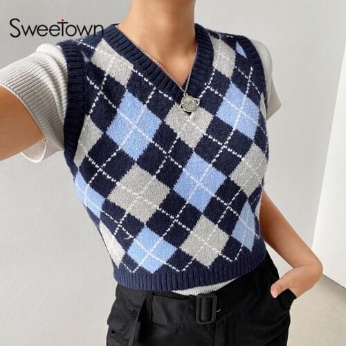 Sweetown Argyle Plaid Knitted Tank Top Female Knitwear Preppy Style Y2K Clothes V Neck Casual Crop Sweater Vest 90s Streetwear
