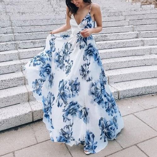 Summer Womens Deep V Sling Open Back Lace Up Sexy Big Skirt Dress White Background Blue Flower Elegant Classic Dress Long Skirt