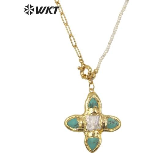 WT-JN150 WKT newest design natural turquoise and pearl mix design necklace 18k real gold plated elegant office lady necklace