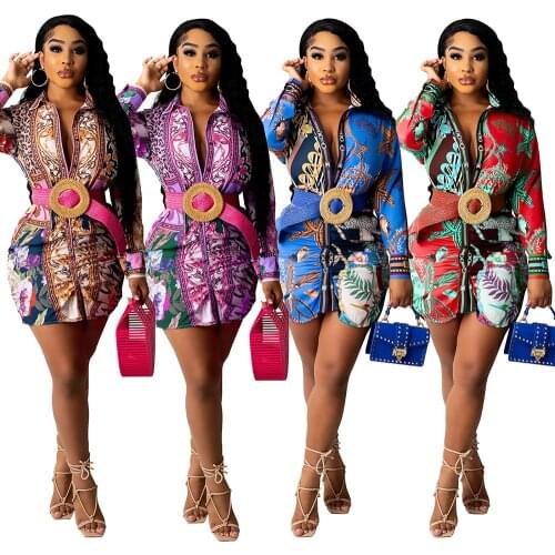 2021 Print Women Dress Turn Down Collar Bodycon Streetwear Autumn Office Lady Women Dresses