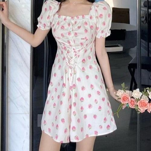 2021 Summer Women Strawberry Fairy Chiffon Dress Casual Korean Style Sweet Elegant Mini Dress Kawaii Bandage Party Dress Women