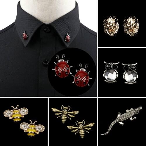 1PC/2PC Trendy Suit Shirt Collar Pin Bee Fox Crocodile Insect Owl Lion Eagle Horse Retro Brooches For Men Women Daily Accessory