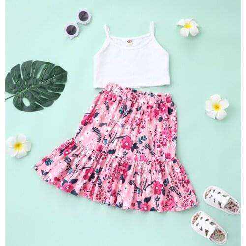 2021 New Fashion Clothes Kids Clothes Sets 2 Pcs Solid Short Vest+floral Print Skirts Boho Beach Cool Children Clothes Set 4-9Y