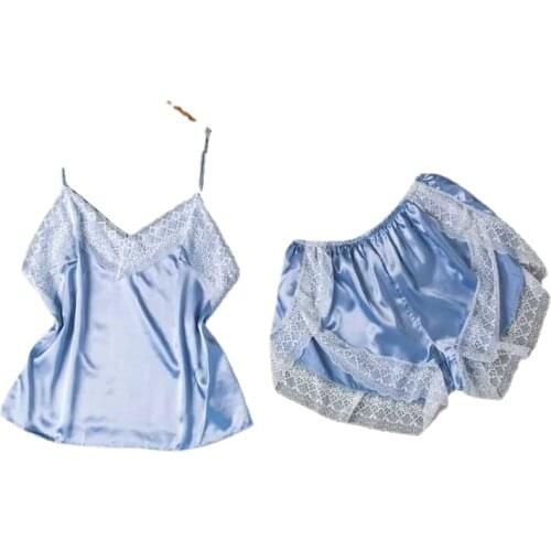 2411b-7 Spaghetti Strap Lace Pajama Set Sleeveless Trim Pyjamas Sleep Short Set Lace Pijama Suit Sleepwear Women Sexy Nighties