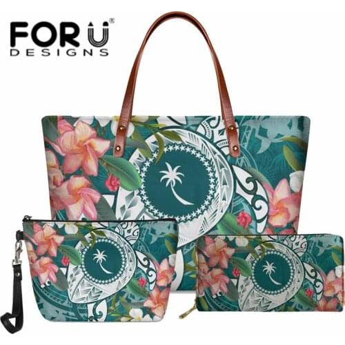 Female Bag 3pcs Set Chuuk Polynesian Tribe With Flower Pattern Handbag and Wallet Vintage Large Shoulder Shopper Bag Purse