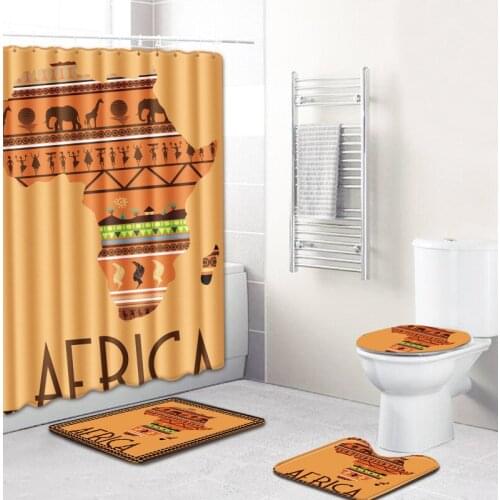 African Map Shower Curtain Afro Africa Girl Animal Bath Curtains with Rugs Toilet Seat Cover Set 4Pcs/Set