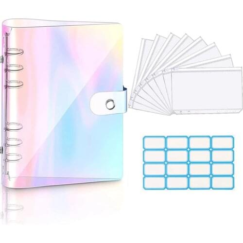 A6 Clear Soft PVC Notebook Binder Cover Planner 6-Ring Loose-Leaf Folder Cash Budget Envelope System with 8 PCS Zipper Pockets