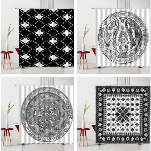 Black And White Geometric Shower Curtain Printing Pattern Hanging Curtain Set Anti-Mold Bathroom Accessories Polyester Fabric