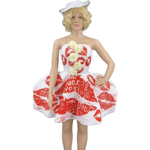 Host Singer Costume Rose Lips Print Women Dancer Outfit Bubble Princess Party Prom Dresses Nightclub Performance Stage Wear