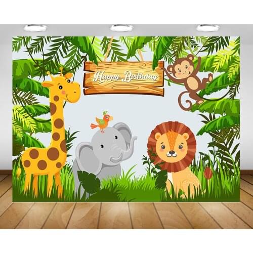 Jungle Happy Birthday Backdrop Cartoon Animal Safari Party Photography Background Forest Green Leaves Newborn Birthday Backdrops