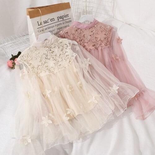 Elegant Autumn Women Embroidery Lace Flower Flare Sleeve Pullover Basic Bow Shirt Lady Elastic Slim Mesh Gauze Chic Blouse Tops