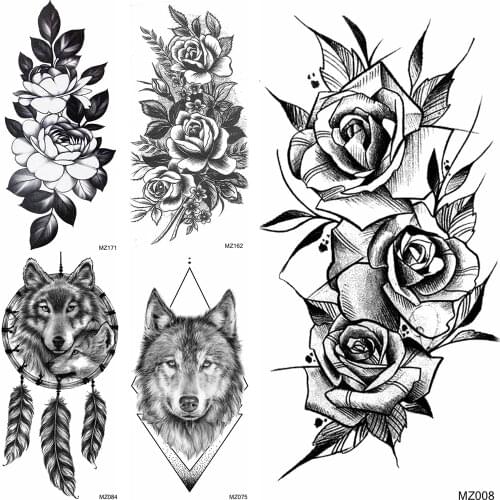 Pencil Sketch Rose Temporary Tattoos Sticker Waterproof Dreamcatcher Tatoo For Women Men Body Art Arm Tatoo Fake Geometric Tatoo