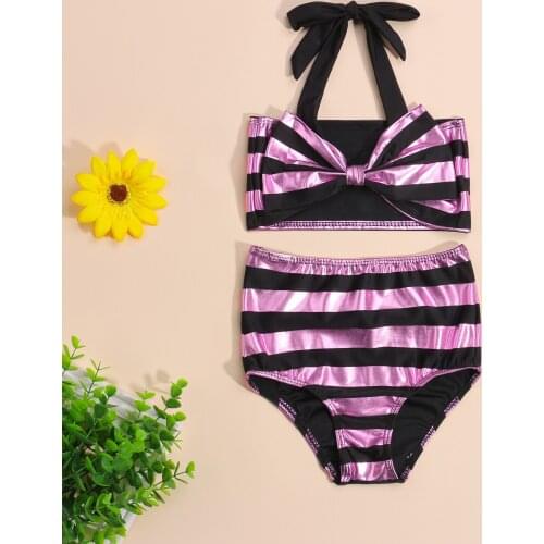 0-24M Infant Baby Girl Striped Two-piece Swimsuits Summer Toddlers Kids Swimwear Bowknot Halter Lacing Tops+High Waist Shorts