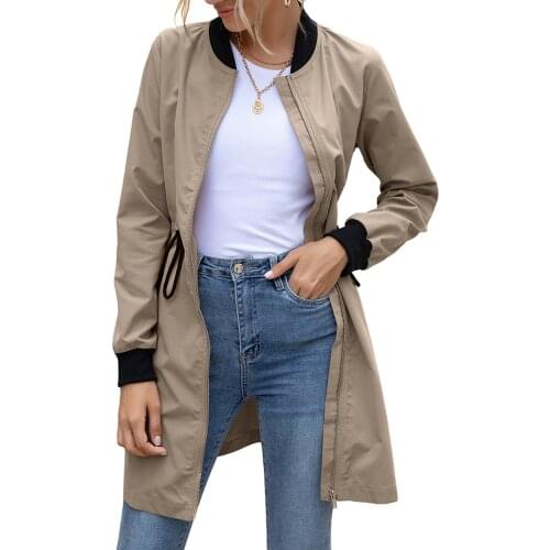 New Arrival Women Outdoor Dust Coat Autumn Long Sleeve Stand Collar Cardigan with Slant Pocket Drawstring