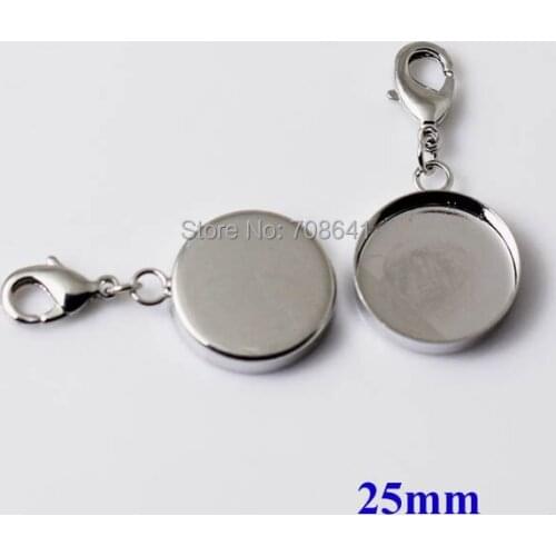 New Rhodium tone Plated Blank Bases 25mm Round Deep Wall Bezel tray w/ Lobster Clasps Pendant Setting DIY Jewelry Findings