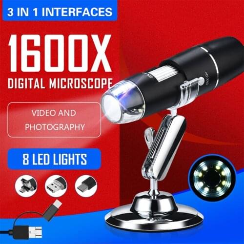 Adjustable 1600X 8 LED Digital Microscope Type-C/Micro USB Magnifier Electronic Stereo USB Hand Held Endoscope For Phone PC