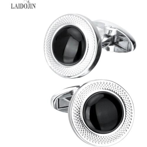 LAIDOJIN Luxury Black Stone Cufflinks for Mens High Quality Silver color Round Carving Pattern Cuff link Gift Brand Men Jewelry