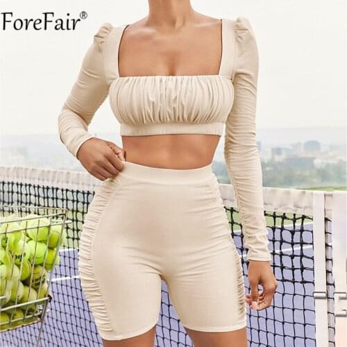 Forefair Black Square Collar Ruched Long Sleeve Sexy Women Set Crop Tops Two Piece Set Casual Skinny Biker Shorts Club Outfits