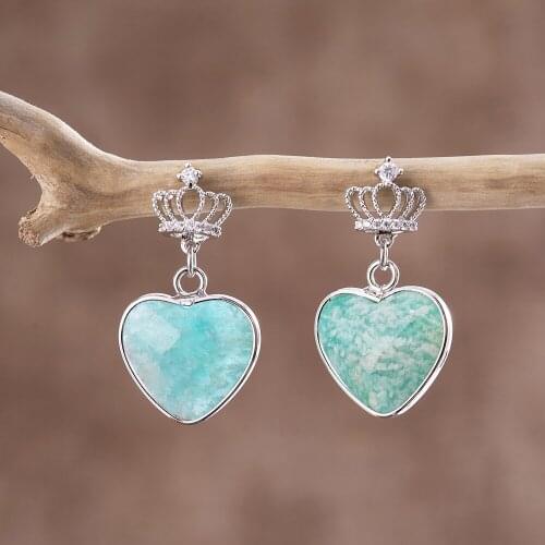 Amazonite Heart Crown Teardrop Pin Earrings Sparkling Zircon Pave