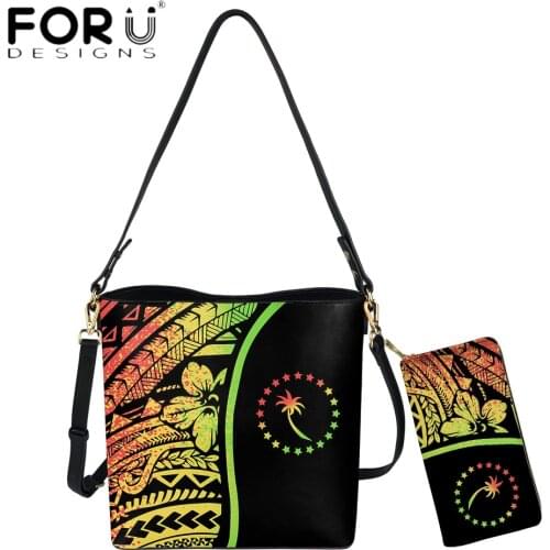 FORUDESIGNS New Trend Chuuk Polynesian Hibiscus Print Luxury Woomen 2pcs Set Bucket Bag And Purse Caual Travel Shoulder Bolsa
