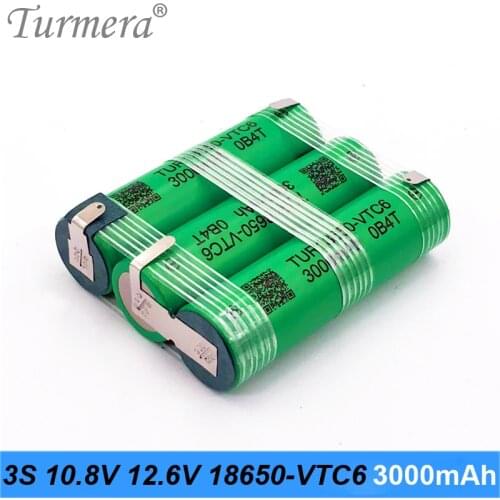 TUR18650VTC6 3000mAh Battery 30A 3S 12.6V 10.8V VTC6 Battery Pack for 12V Screwdriver Battery Customize or Air Drone Use Turmera